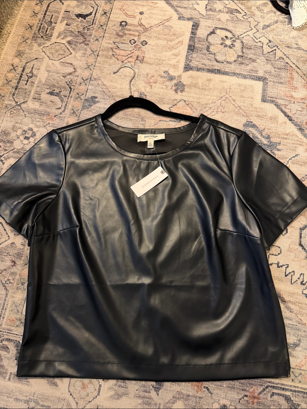 Porridge Black Faux Leather Short Sleeve Top NWT size small